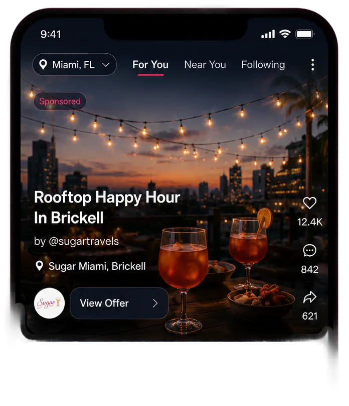 Atmosfy feed showing a sponsored creator video — Rooftop Happy Hour in Brickell, Miami
