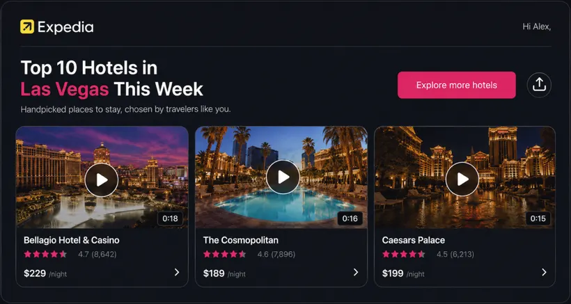 Personalized travel email showing creator video tiles