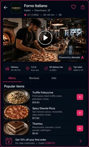 Food delivery app featuring creator video